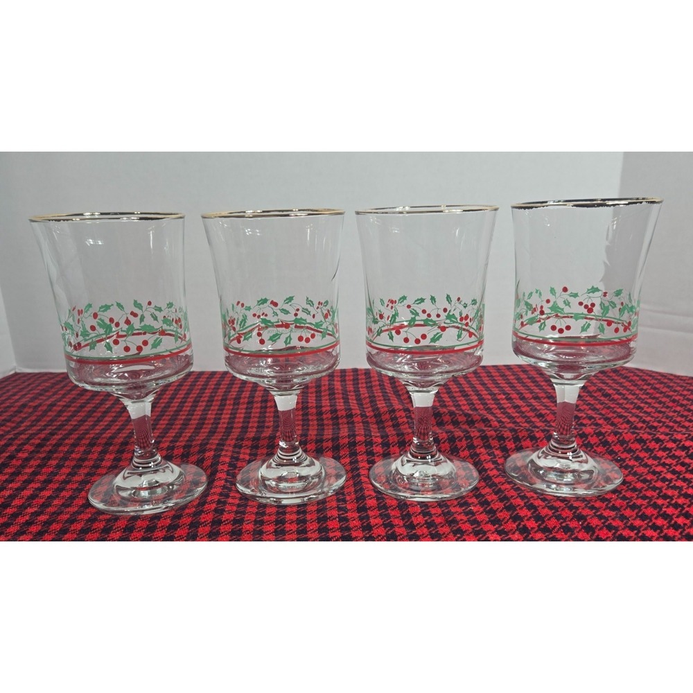 Vintage 1986 Arby's Holly/Berry Christmas Goblets w/Gold Trim 12oz Set of 4
